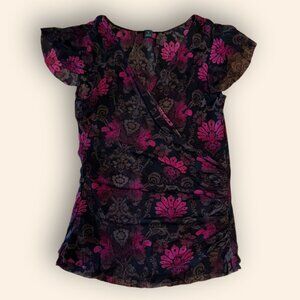 Express Y2K Strapless Bustier Top M Black Magenta Floral Mesh Corset